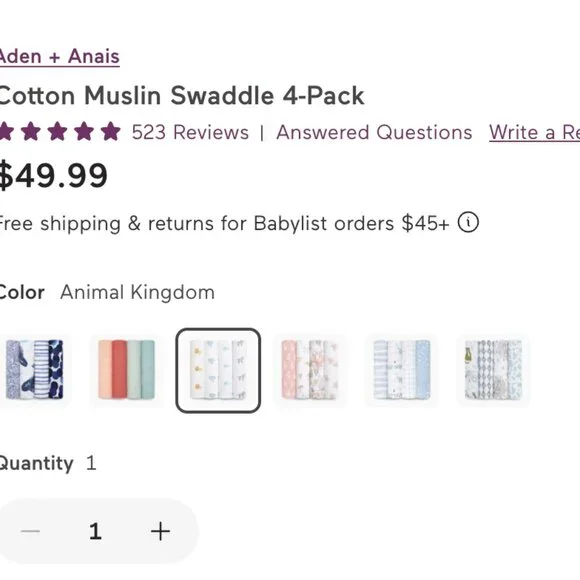 Aden + Anais Cotton Muslin Swaddle 4-Pack Animal Kingdom - Picture 3 of 6